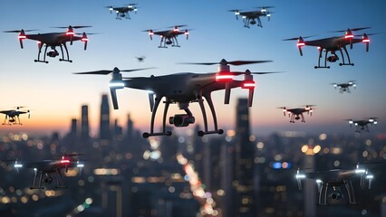 Autonomous Drone Swarm Flying Over City Skyline