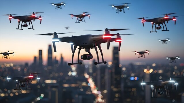 Autonomous Drone Swarm Flying Over City Skyline