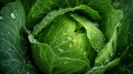 Fresh green cabbage glistens with morning dew, perfect for healthy recipes, organic food blogs, and vibrant culinary projects