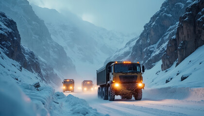 Convoy of heavy trucks drives through snowy mountain road. Headlights cut falling snow in winter pass. Vehicles navigate icy terrain in severe cold weather. Military cargo transport moves through