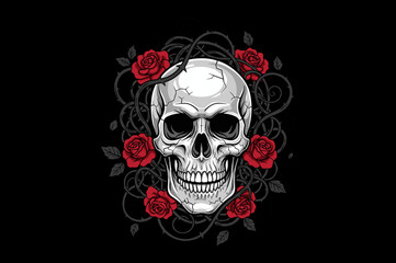 Skull Surrounded By Roses And Vines