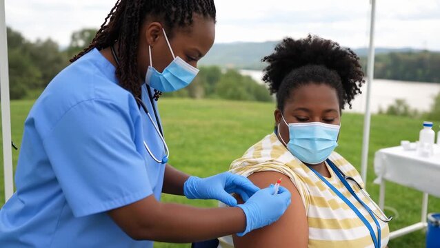 Healthcare Worker Administers Vaccine to Patient Outdoors in Community Setting
