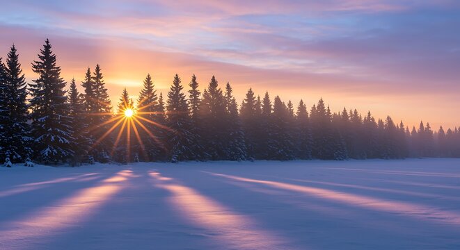 Magical winter landscape with sun shining through trees and snowy field