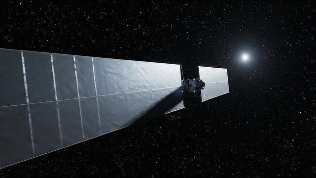 Spaceship with solar sails in dark outer space filled with stars