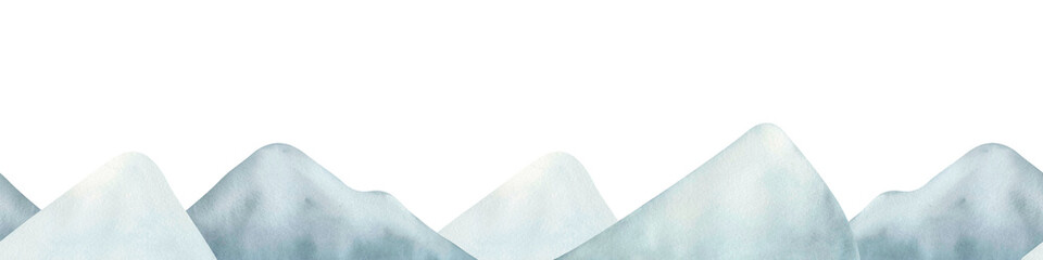 Seamless border with mountains. Hand drawn watercolor illustration mountains in Pastel colors for children design. Wallpaper for kids nursery. Template with mountains for design of children's cards