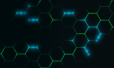 Dark hexagon abstract technology background with blue and green colored bright flashes under hexagon. Hexagonal gaming vector tech illustration black abstract background.