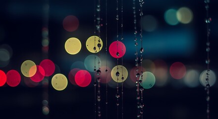 Rain drops on glass with bokeh lights in the background creating atmosphere