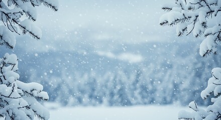 Snowy winter forest landscape with fir trees and falling snow scene