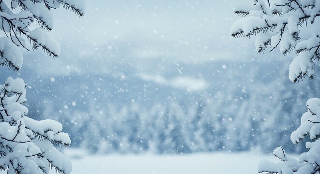 Snowy winter forest landscape with fir trees and falling snow scene - Powered by Adobe