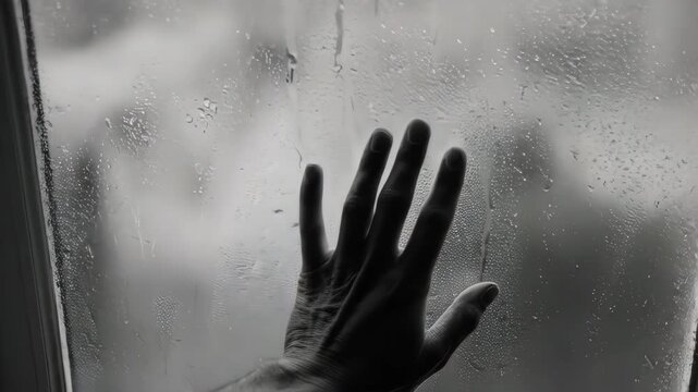 Hand on Rain-Streaked Window: Isolation, Reflection, and Emotional Connection
