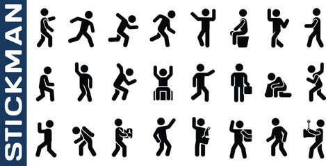 Diverse Stickman Poses and Actions Collection on White Background stick figure icon