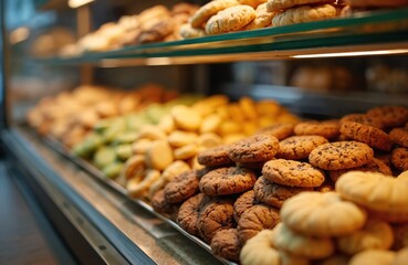Assorted cookies on display shelf in bakery. Fresh baked goods like chocolate chip snacks. Variety of biscuit sweets on showcase. Confectionery shop offers tasty treats for dessert.