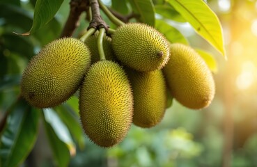 Young jackfruit hangs on tree branch in sunny garden. Tropical fruit grows on plant. Fresh organic food from agriculture farm is ready for harvest. This crop is popular vegetarian meat substitute.