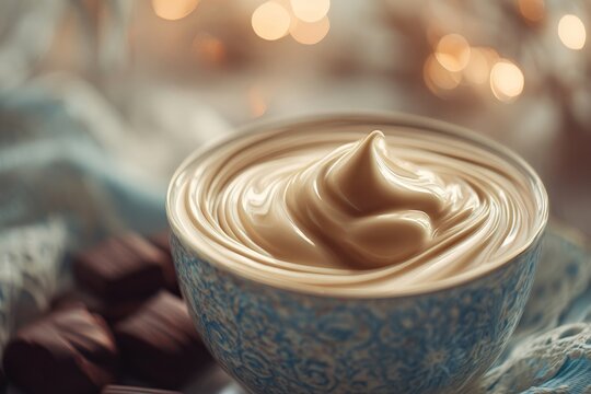 A close-up of creamy coffee with chocolate pieces, softly lit with warm bokeh lights, evoking a romantic and cozy atmosphere.