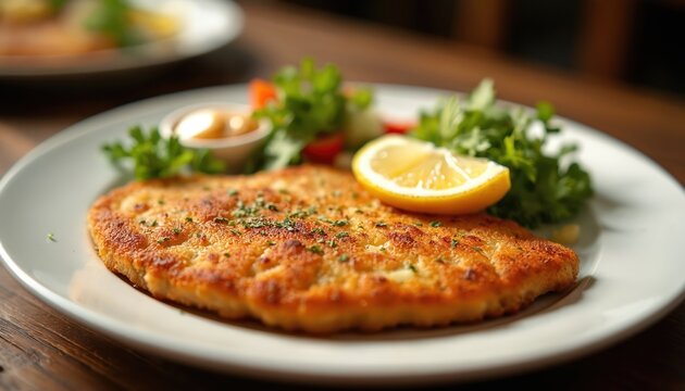 Close up of breaded veal cutlet. Wiener schnitzel served with lemon, greens, vegetables. German food on white plate. Traditional austrian cuisine in restaurant. Yummy schnitzel with tasty side dish. - Powered by Adobe
