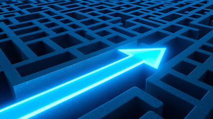 A glowing blue arrow points the way through a complex maze