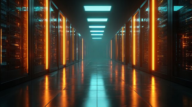 Modern server room with glowing neon lights creating a secure, high-tech data storage environment for robust IT infrastructure management solutions