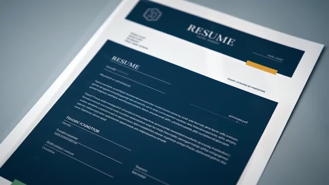Angled shot of a resume template, navy and white paper with text