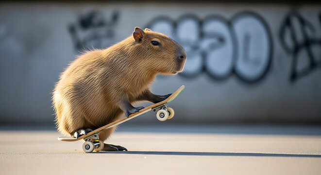 Capybara standing on a skateboard in an urban setting rodent animal
