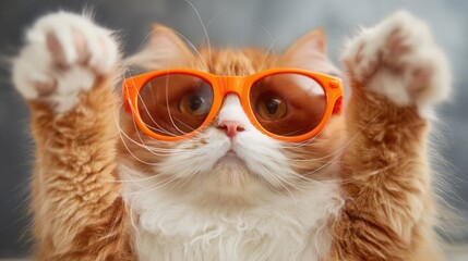 A charming orange cat with a fluffy coat is playfully raising its paws while wearing vibrant sunglasses.