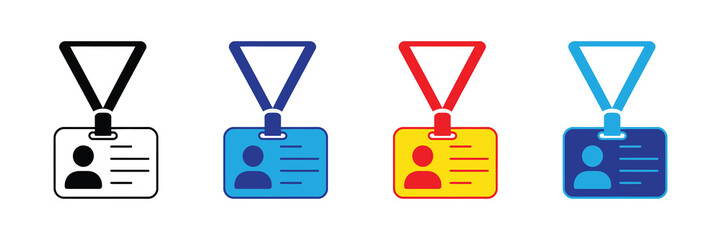 Collection of four distinct identification badge icons with lanyards in black, blue, red, and teal, symbolizing access and membership, isolated on white.