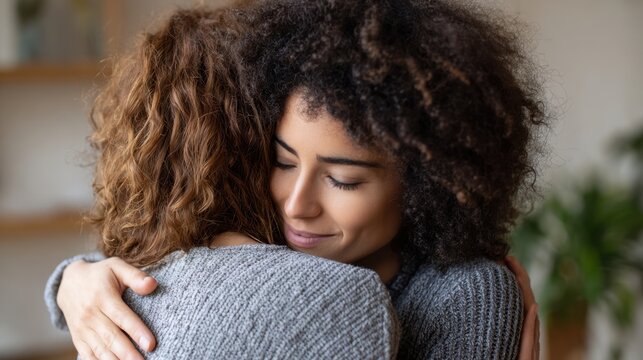 In a comfortable space two friends enjoy a loving hug that conveys deep connection and support.