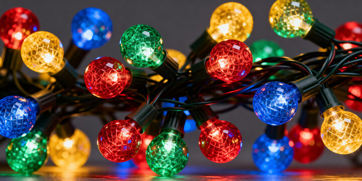 Colorful LED string lights with round faceted bulbs on a dark background. Bright Christmas holiday lighting. - Powered by Adobe