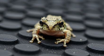Close-up of a Small Green Frog with Wet Skin on Textured Surface amphibian animal