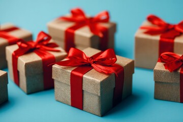 Obraz premium Beautifully Wrapped Gift Boxes With Red Ribbons on a Blue Background Ready for Celebration