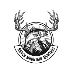 Vintage Monochrome Fishing and Hunting Emblem with Trout, Antlers, and Mountains.