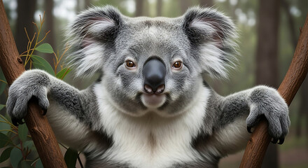 Obraz premium Close-up of a Koala Hugging Tree Branches in Forest marsupial animal