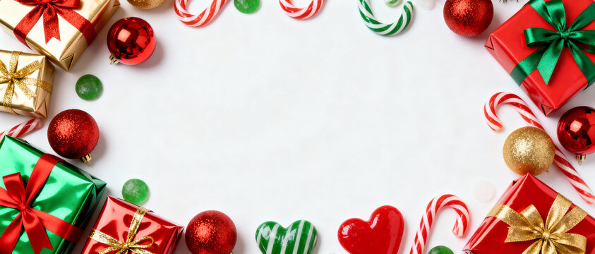 Festive frame of Christmas gifts in red and gold wrapping, red balls, and candy canes on white background for copy space.