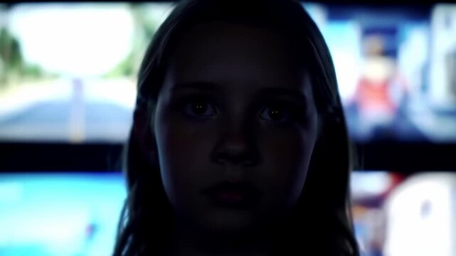 A dimly lit young girl's face glows against the blurred backdrop of multiple television screens