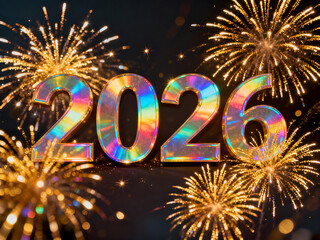 Holographic Iridescent 2026 Displayed Against Golden Fireworks and Dark Background for Modern New Year Celebration and Futuristic Event