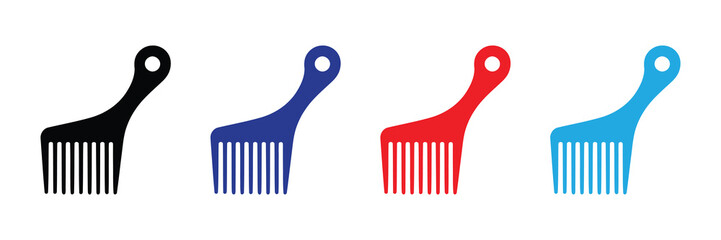 Set of four colorful afro combs, black, blue, red, and cyan, isolated on white background, simple icons for hair care and styling