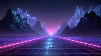 Neon grid landscape with mountains and a glowing horizon in a futuristic style.