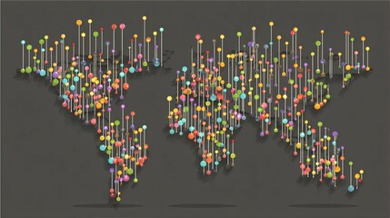 Dynamic world map with vibrant data points for global business insights and innovative technology solutions, perfect for presentations and marketing visuals