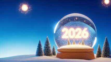 Happy new year 2026 snow globe with fireworks celebration motion, animated, video, 4k, - Powered by Adobe
