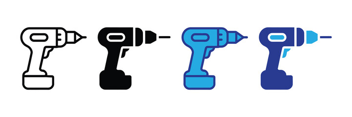Collection of cordless power drill icons showing various styles: outline, solid black, light blue, and dark blue, isolated.