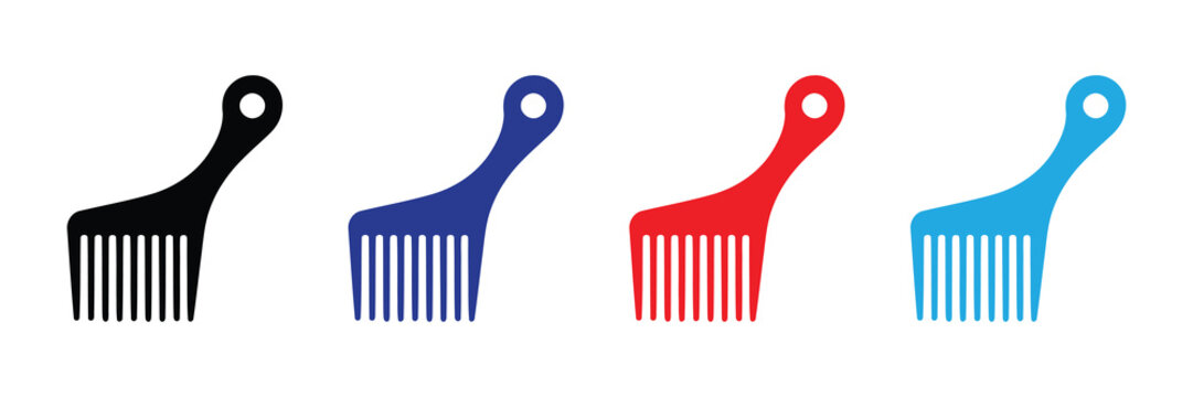 Set of four colorful afro combs, black, blue, red, and cyan, isolated on white background, simple icons for hair care and styling