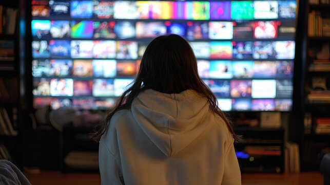 Woman engrossed in streaming service selection on large display, home entertainment, enjoying vast library of movies and TV shows, binge watching lifestyle