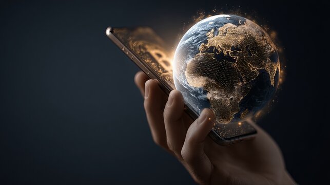 Experience global connectivity with a modern smartphone showcasing Earth's vibrant digital network, perfect for technology and business innovations