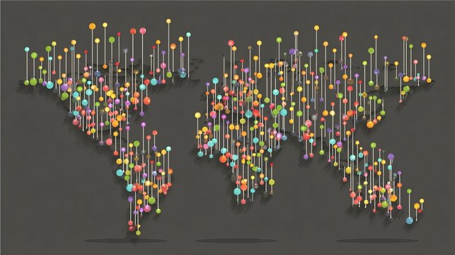 Dynamic world map with vibrant data points for global business insights and innovative technology solutions, perfect for presentations and marketing visuals