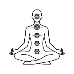 Meditating person in lotus pose with seven chakras, isolated on white
