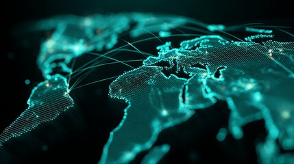 Global connections shown on stunning world map highlighting international business and technology networks with vibrant teal lights and futuristic design