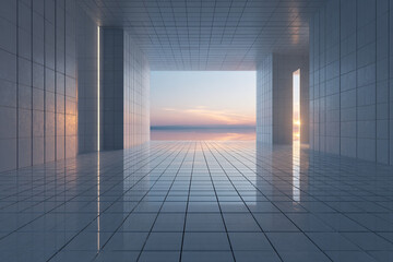 Futuristic tiled interior opens to a serene ocean horizon and sunset sky; reflection on the polished grid floor.
