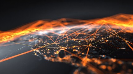 Dynamic orange network connections illuminate a global data stream, showing modern technology and communication across continents for business and innovation