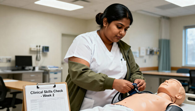 Nursing student practicing taking blood pressure on a medical mannequin. Female healthcare professional in training at a clinical skills lab