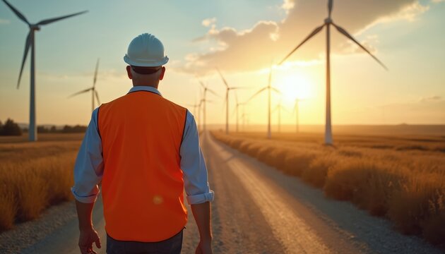 Man walks toward wind turbines on field at sunset. Worker in hardhat and vest inspects eco power station. Alternative energy production at countryside, sustainable tech, ecological solutions. - Powered by Adobe