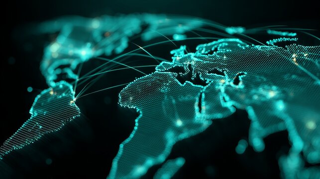 Global connections shown on stunning world map highlighting international business and technology networks with vibrant teal lights and futuristic design